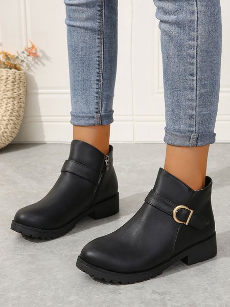 

Vintage Buckle Decor Wearable Low Heel Classic Boots, Black, Boots