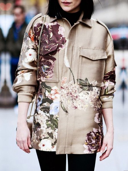 

Urban Floral Shirt Collar Loose Pockets Jacket, Golden, Jackets