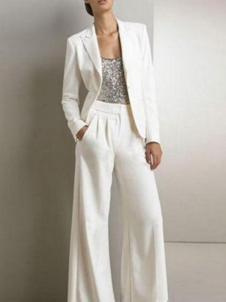 

Plain Simple Shawl Collar Matching Outfit, White, Suit Set