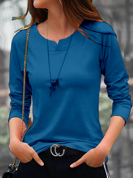 

Women Plain Notched Casual Long Sleeve T-shirt, Blue, Long Sleeves