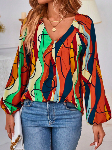 

Elegant V Neck Color Block Loose Allover Print Lantern Sleeve Shirt, Orange, Shirts & Blouses
