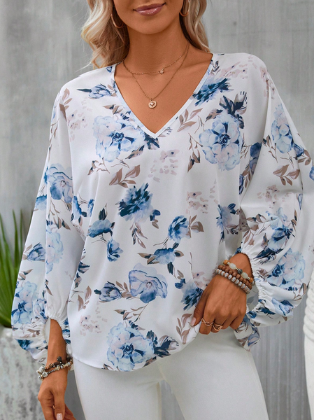 

Loose Elegant Floral V Neck Floral Print Lantern Sleeve Shirt, Blue, Shirts & Blouses