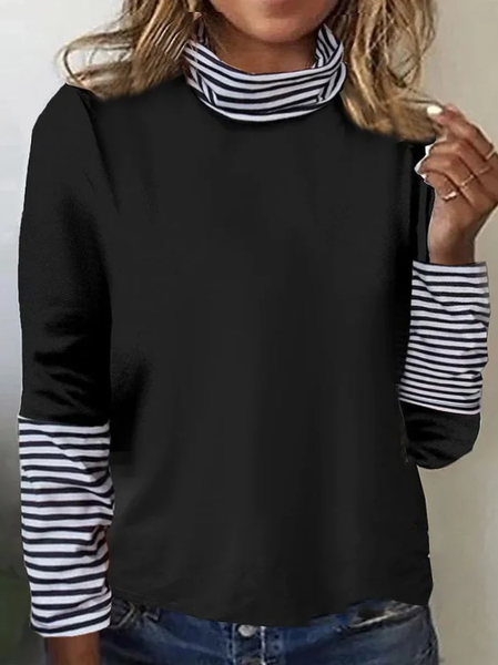 

Plus Size Split Joint Striped Jersey Casual T-Shirt, Black, Long Sleeves