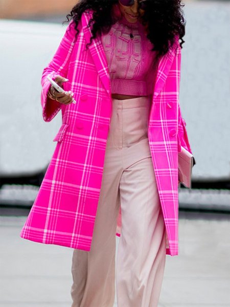 

Plaid Loose Urban Long Sleeve Trench Coat, Deep pink, Coats