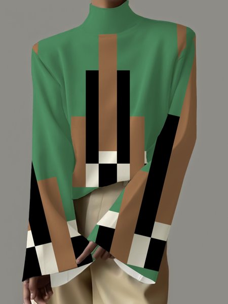 Regular Fit Geometric Urban Turtleneck Shirt, Green, Blouses and Shirts