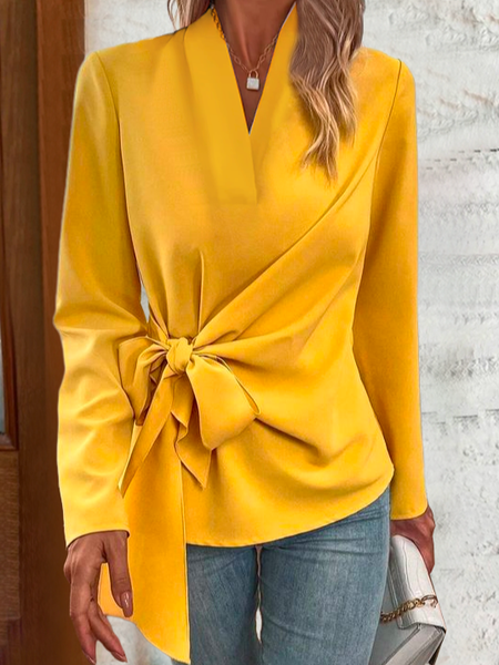 

Womne's Daily V Neck Regular Fit Plain Simple Blouse, Yellow, Blouses & Shirts