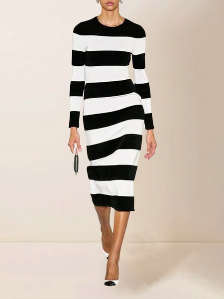 

Regular Fit Striped Urban Crew Neck Dress, Black, Midi Dresses