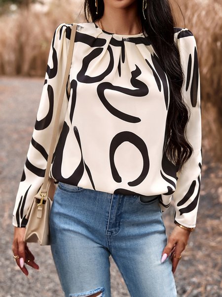 

Crew Neck Casual Loose Shirt, Apricot, Shirts & Blouses