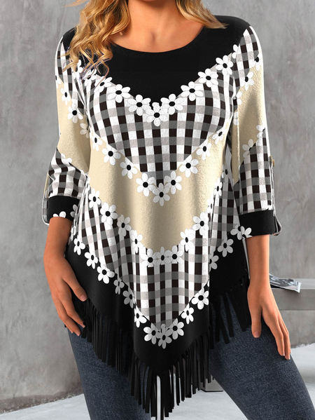 

Crew Neck Loose Casual Tassel T-Shirt, Black, T-Shirts