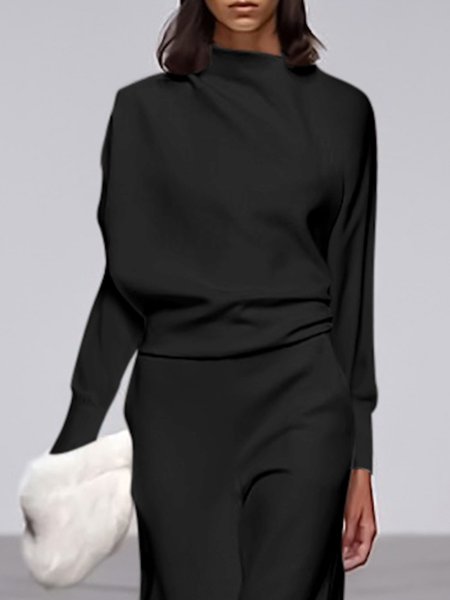 

Urban Simple Plain Stand Collar Long Sleeve Shirt, Black, Blouses and Shirts