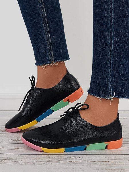 

Women Comfy Multicolor Sole Lace Up Shoes, Black, Flats