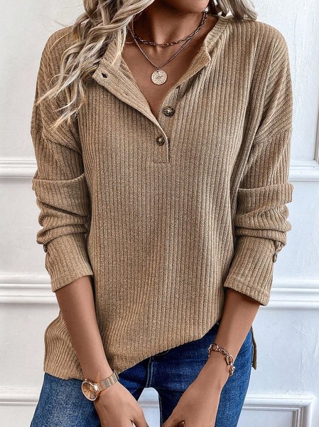 

Women Plain Crew Neck Casual Long Sleeve T-shirt, Khaki, Long Sleeves
