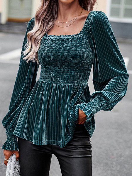 Square Neck Casual Plain Loose Shirt, Dark green, Shirts & Blouses