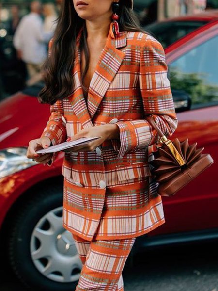 

Lapel Collar Regular Fit Plaid Urban Blazer, Orange, Blazers