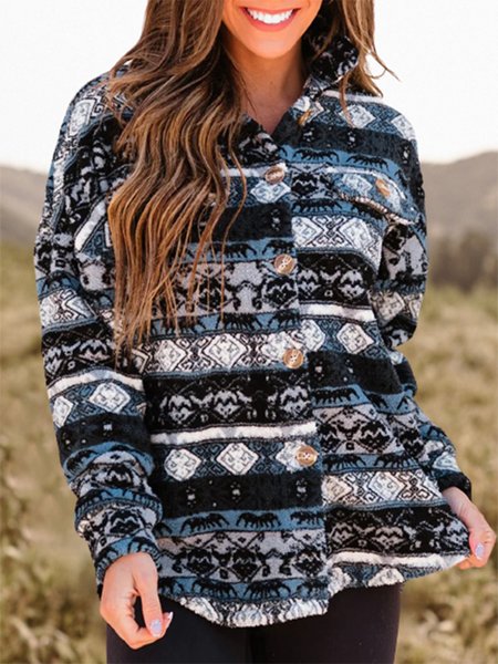 

Shawl Collar Long Sleeve Ethnic Buckle Fleece Loose Teddy Jacket For Women, Black-blue, Coats