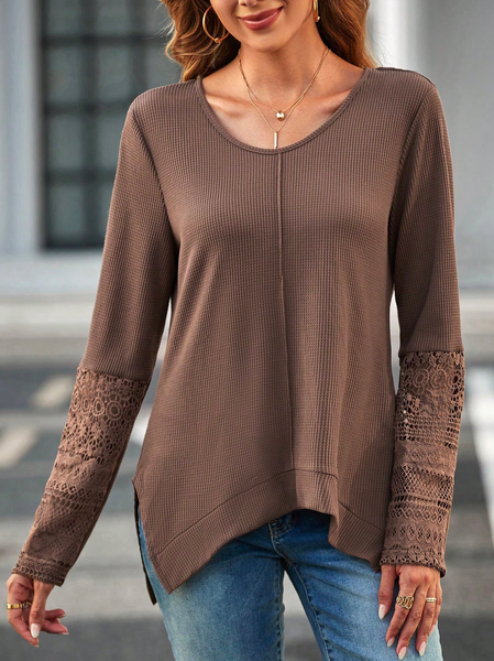 

Plain Crew Neck Casual Solid Contrast Lace T-Shirt, Brown, T-Shirts