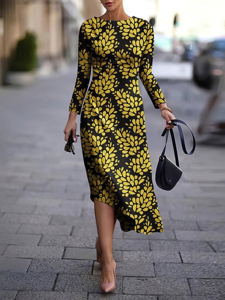 

Long Sleeve Regular Fit Crew Neck Elegant Dress, Yellow, Midi Dresses