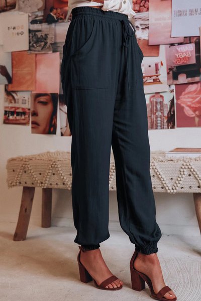 

Plain Loose Casual Pants, Navy blue, Pants