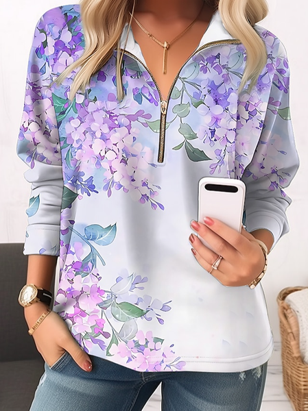 

Casual Zipper Floral Sweatshirt, Purple, Sweatshirts & Hoodies