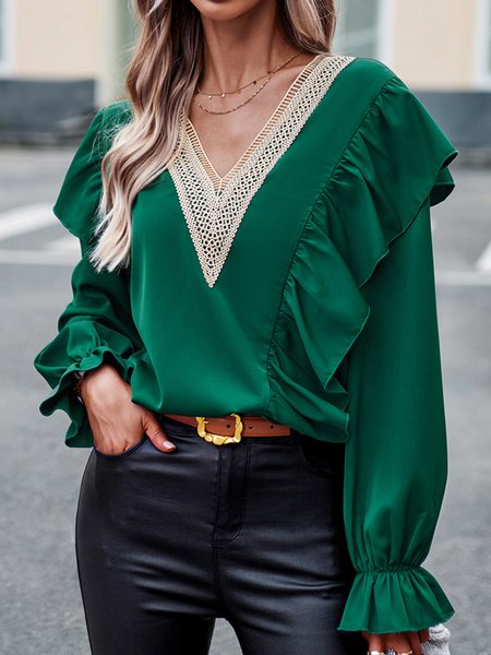 

V Neck Loose Plain Casual Shirt, Green, Shirts & Blouses