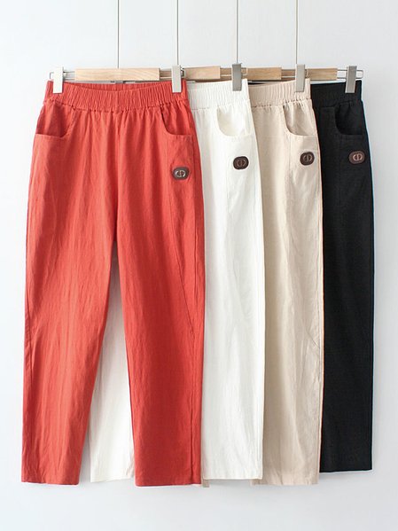 

Plain Loose Casual Cotton Pants, Brick red, Pants