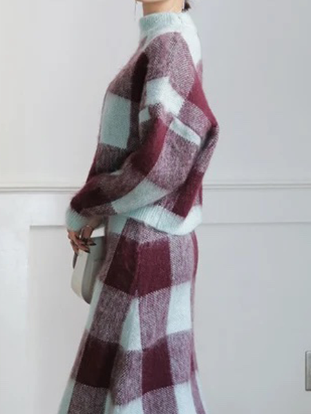 

High Elasticity Loose Elegant Plaid Crew Neck Long Sleeve Sweater, As picture, Pullovers