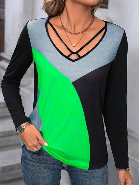 

V Neck Loose Color Block Casual T-Shirt, Green, T-Shirts