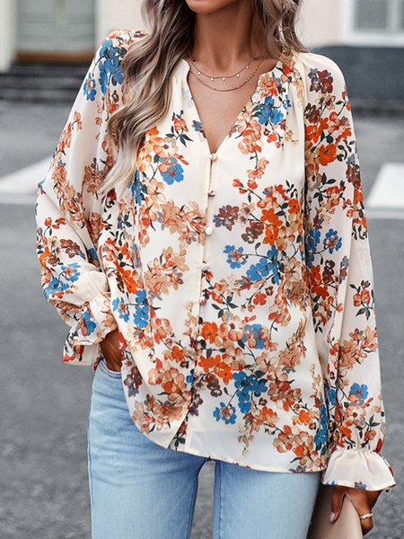 

Shirt Collar Casual Printing Floral Blouse, Apricot, Shirts & Blouses