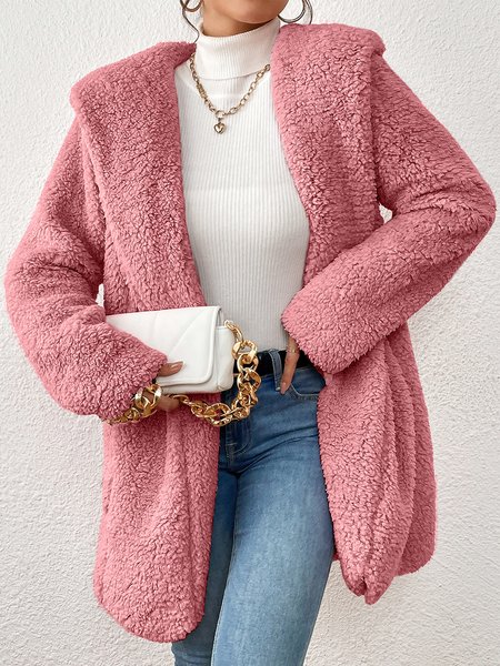 

Color Block Casual Fluff/Granular Fleece Fabric Hoodie Teddy Jacket, Pink, Coats