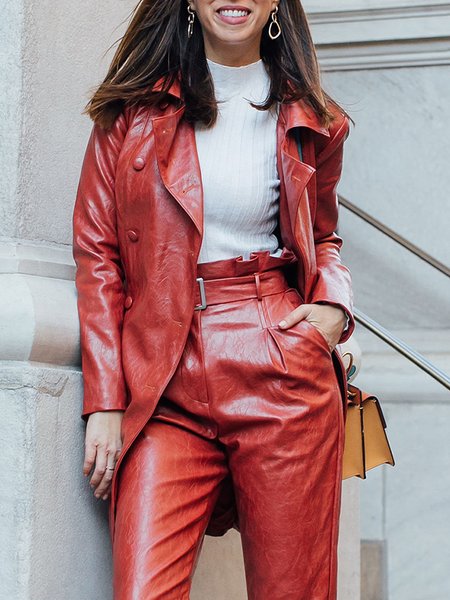 

Pu Urban Plain Regular Fit Leather Coat With Belt, Red, Jackets