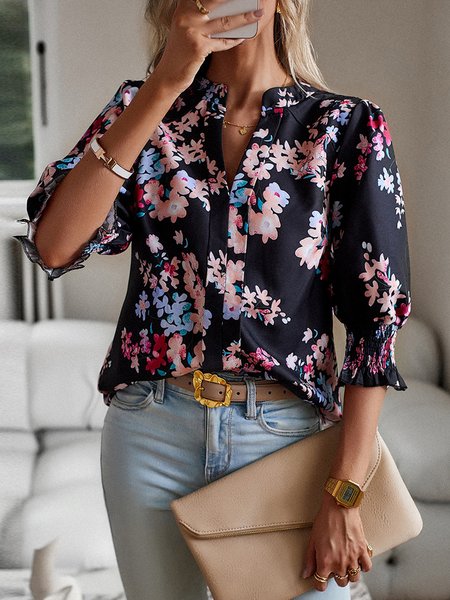 

Abstract Printing Casual Blouse, Black, Shirts & Blouses