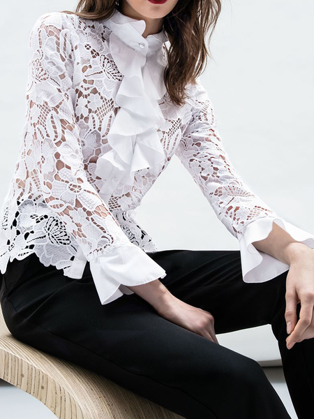 

Regular Fit Elegant Long Sleeve Lace Plain Blouse, White, Blouses and Shirts