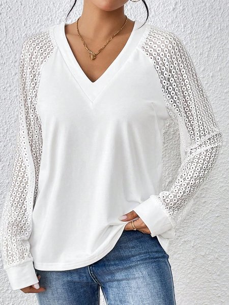 

Loose Casual Lace Plain T-Shirt, White, T-Shirts