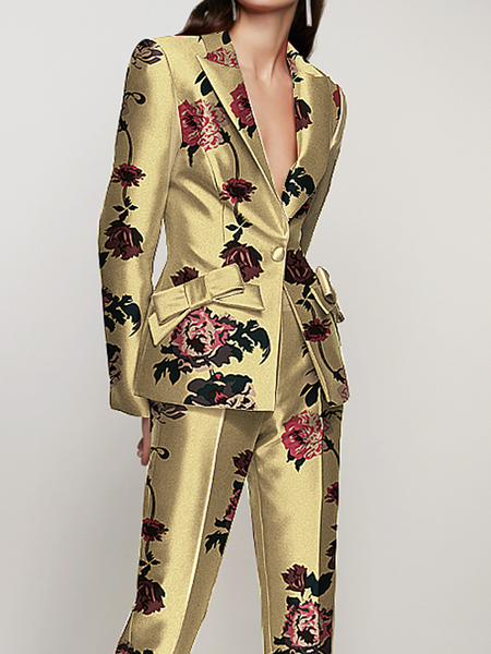 

Regular Fit Lapel Collar Urban Floral Long Sleeve Blazer, Golden, Blazers