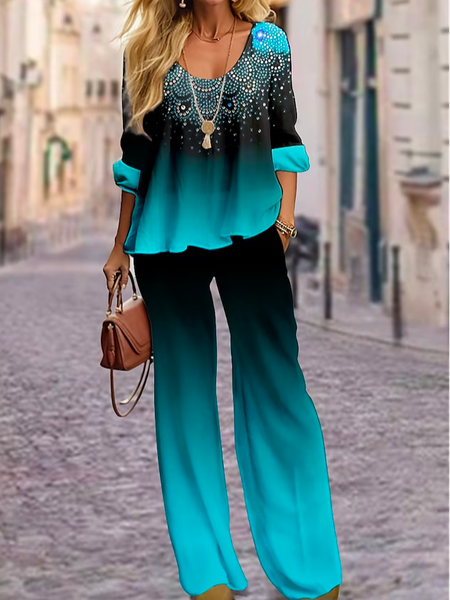 

Elegant Ombre Loose Two-Piece Set, Green, Suit Set
