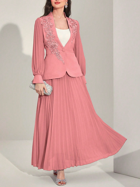 

Elegant Shawl Collar Floral Applique Flare Sleeve Coat & Pleated Skirt Two-Piece Set, Pink, Party Dresses