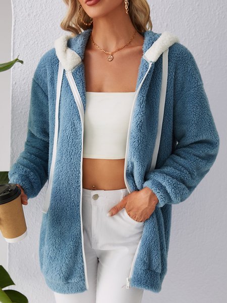 

Loose Zipper Casual Hoodie Teddy Jacket, Blue, Coats
