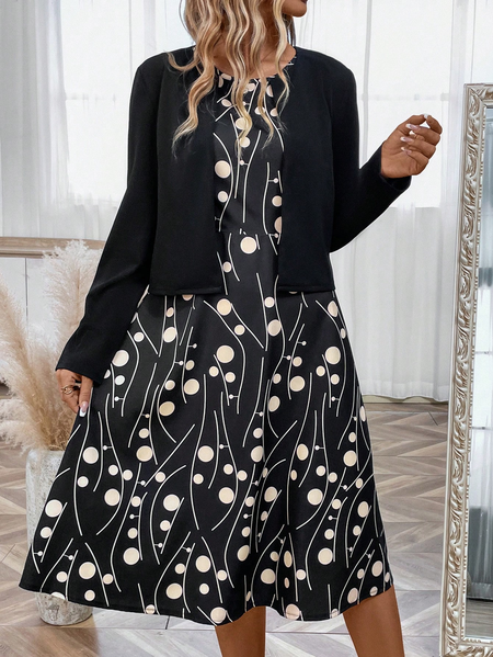 

Geometric Loose Elegant Polka Dot Dress & Open Front Jacket Two-Piece Set, Black, Suit Set