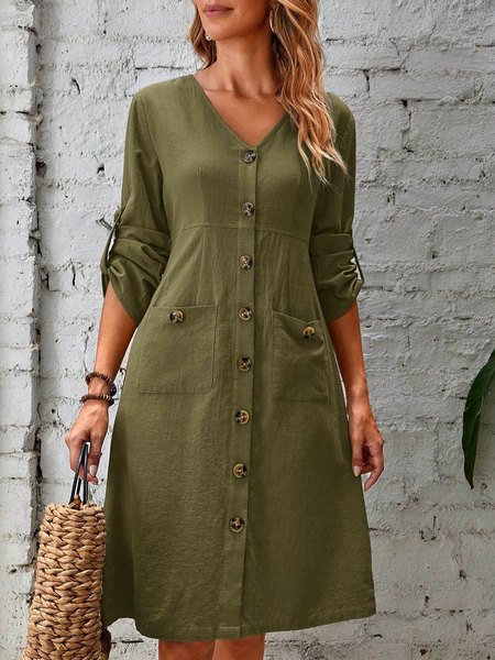 

Buttoned Plain Casual Linen Roll Tab Sleeve Button Front Dual Pocket Dress With No, Green, Dresses