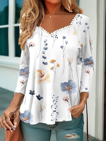 

Floral Lace V Neck Casual T-Shirt, White, T-Shirts