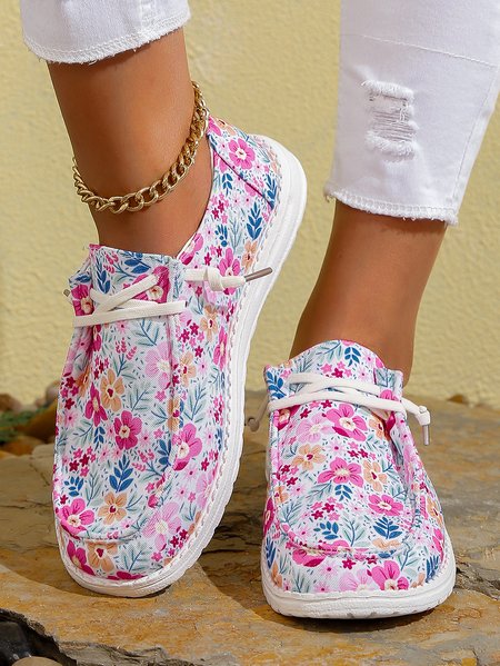 

Women Floral Print Casual Lace-Up Boat Shoes, As picture, Flats