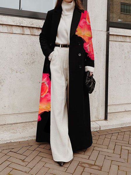 

Long Sleeve Regular Fit Floral Urban Lapel Collar Coat, Black, Coats
