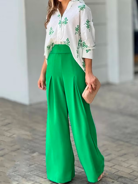 

Floral Loose V Neck Elegant Two-Piece Set, Green, Suit Set