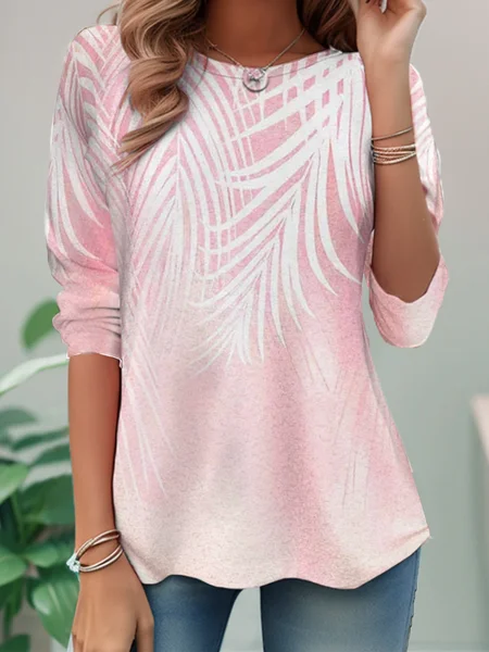 

Women's Long Sleeve Tee/T-shirt Spring/Fall Leaf Crew Neck Daily Going Out Casual Top Pink, T-Shirts