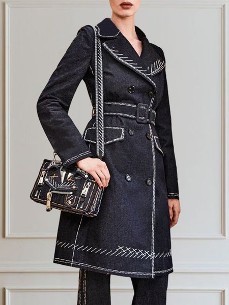 

Long Sleeve Regular Fit Plain Urban Coat With Belt, Navyblue, Coats