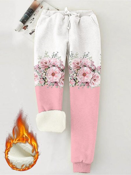 

Regular Fit Knitted Casual Floral Pants, Pink, Pants