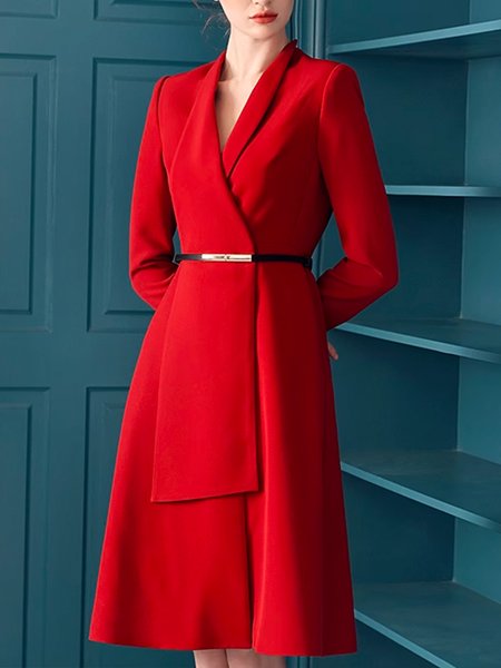 

Long Sleeve Plain Cross Neck Regular Fit Dress, Red, Midi Dresses