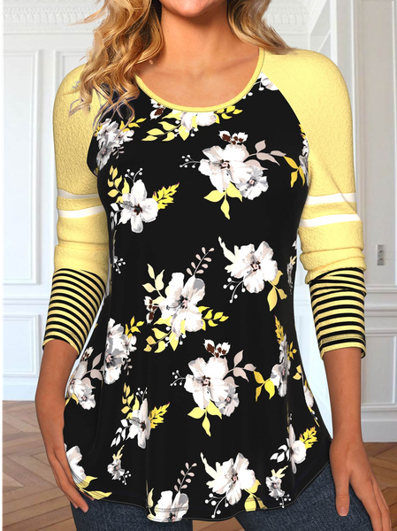 

Loose Casual Crew Neck Floral Striped T-Shirt, Yellow, T-Shirts