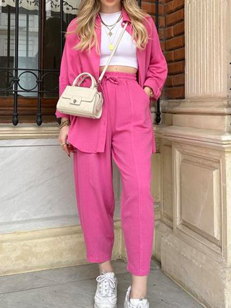 

Plain Loose Casual Others Two-Piece Set, Rose red, Suit Set
