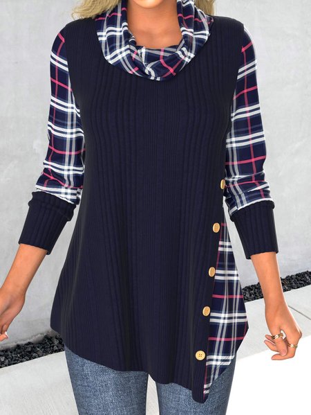 

Plaid Others Casual Knitted Shirt, Dark blue, Shirts & Blouses